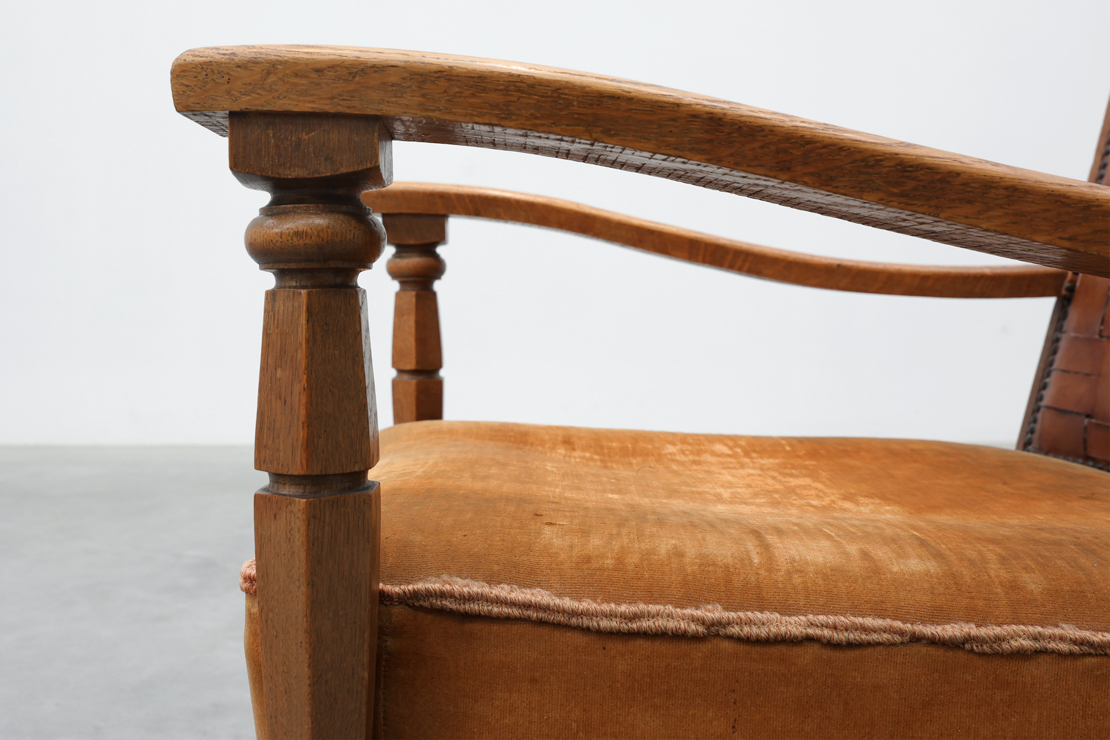 Art Deco Oak Lounge Chair with Woven Leather Back and Ochre Velvet, Belgium, 1920sthumbnail